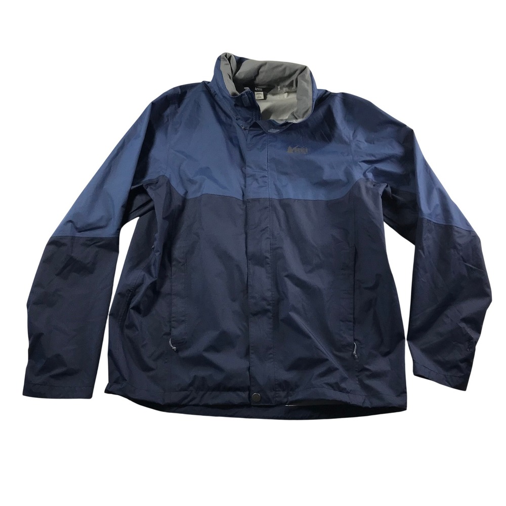 REI Mens Rain Jacket Navy Blue Two Tone Hooded Full Zip Pit Zips Large
